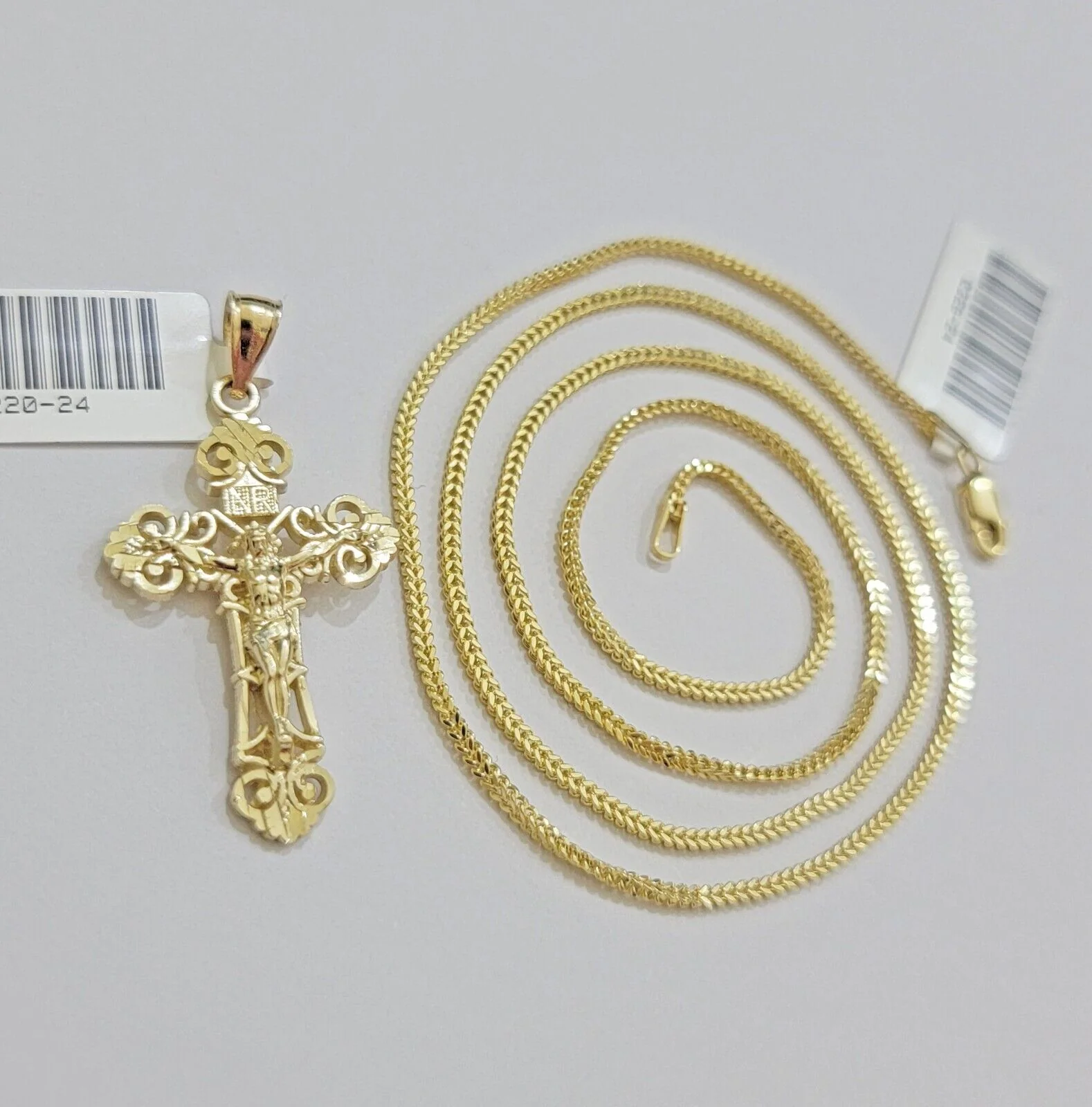 Real 10k Gold Franco Chain Jesus Cross Charm Pendant Necklace SET Men Women