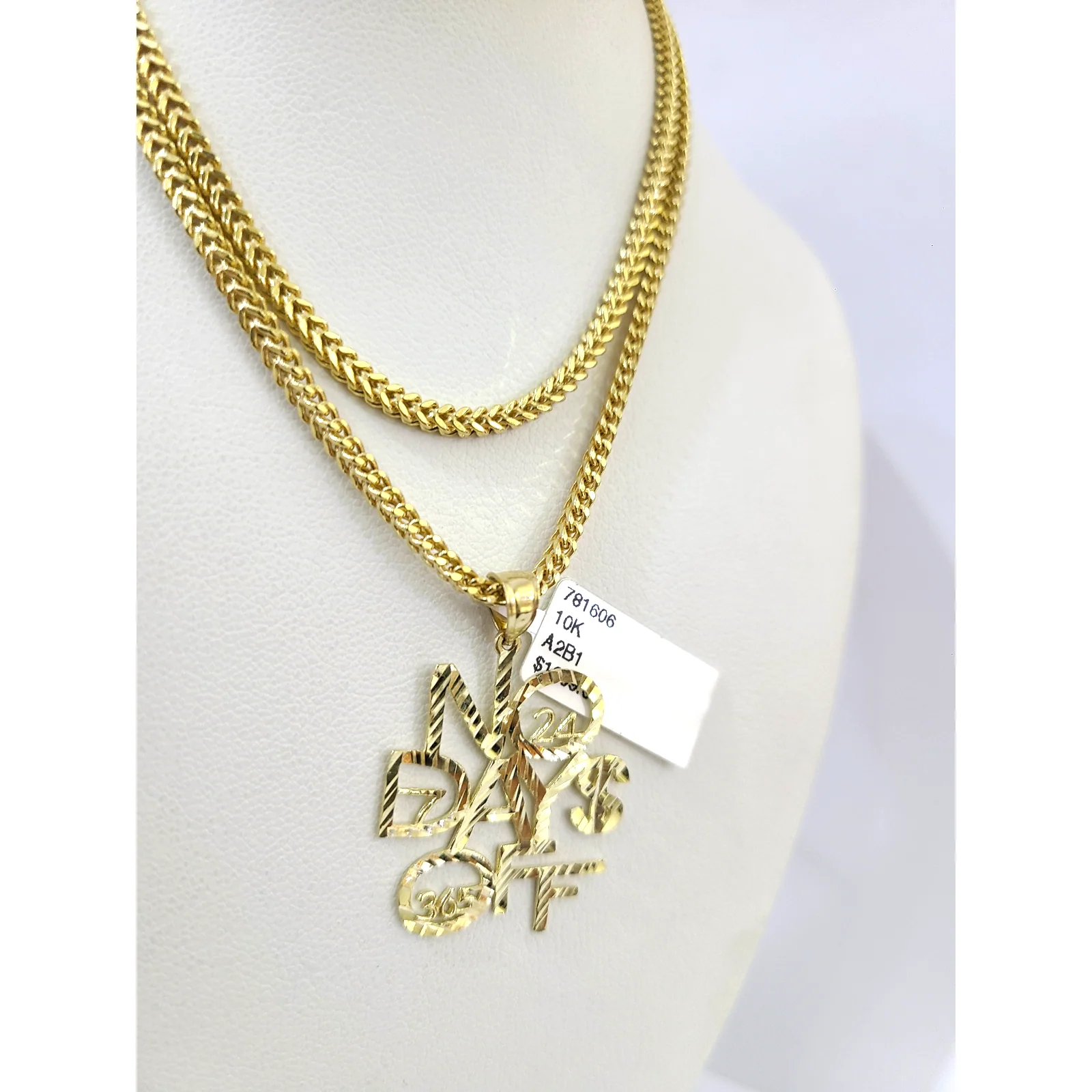 Real 10k Gold Franco Chain No Days Off Charm Pendant Necklace SET 2.5mm 18"-26" - Image 2