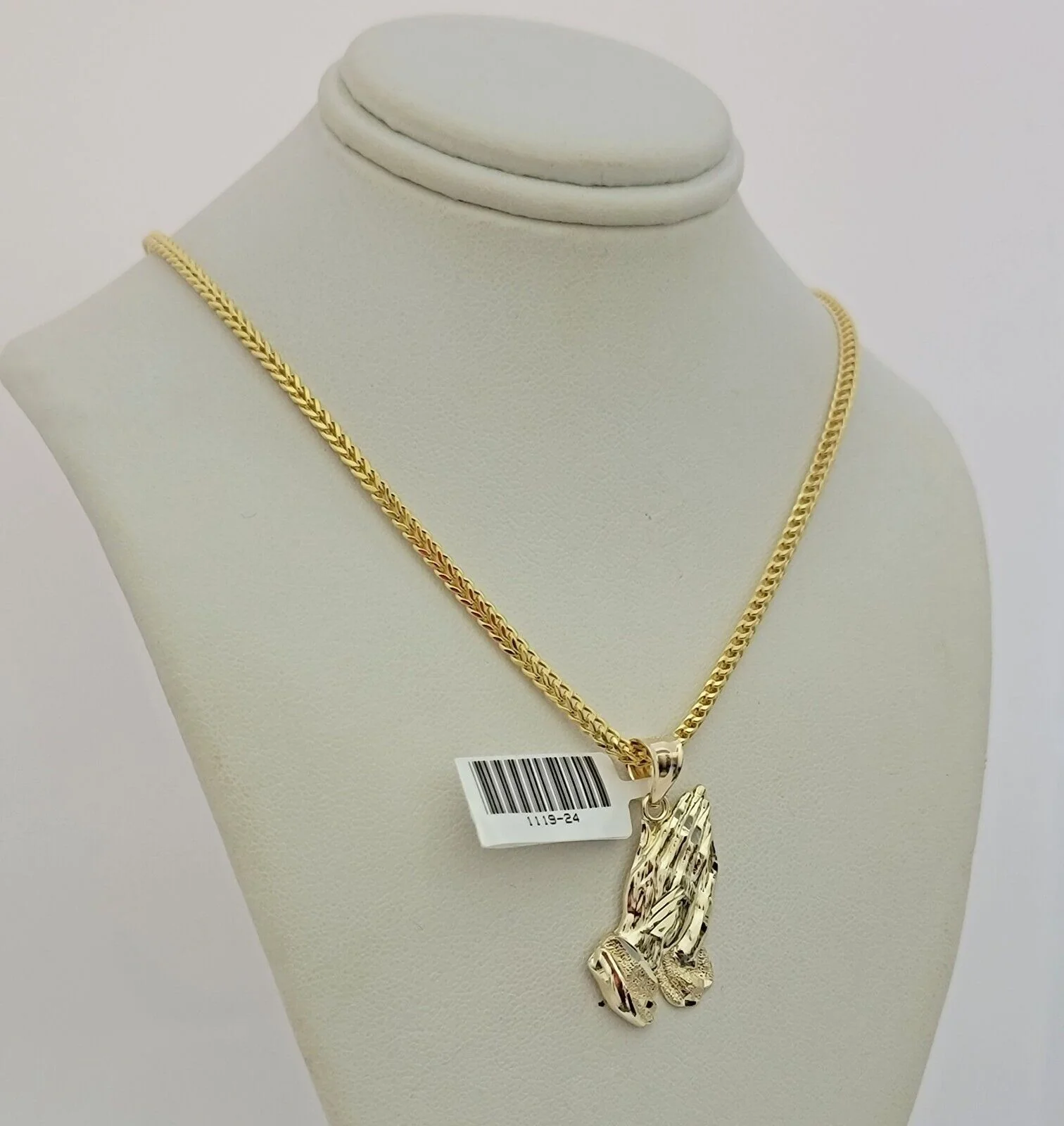 Real 10k Gold Franco Chain Praying Hand Charm pendant Set 2.5mm Necklace 24 Inch - Image 3