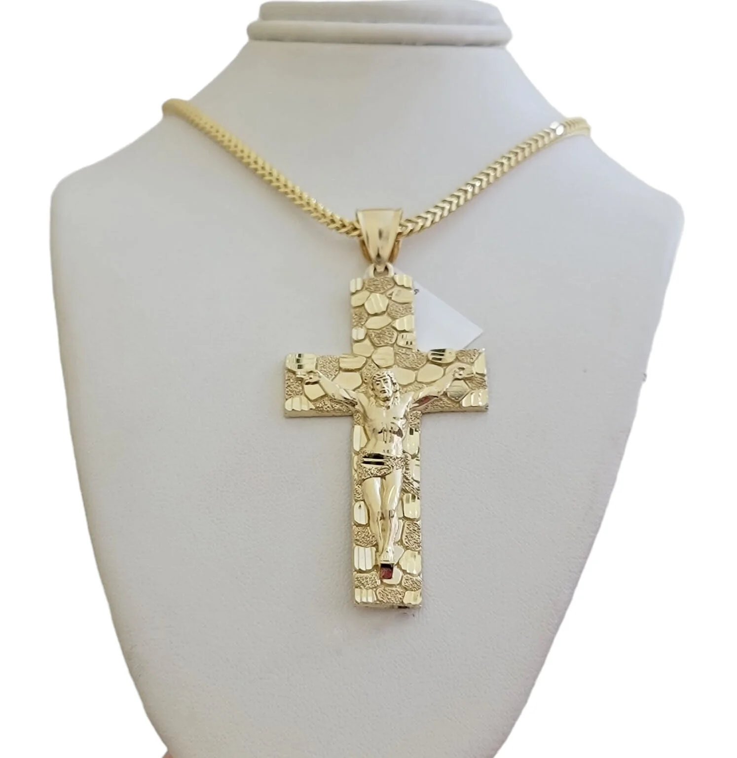 REAL 10k Gold Franco Necklace Nugget Charm Cross Pendant SET 22 Inch 3mm Chain - Image 5