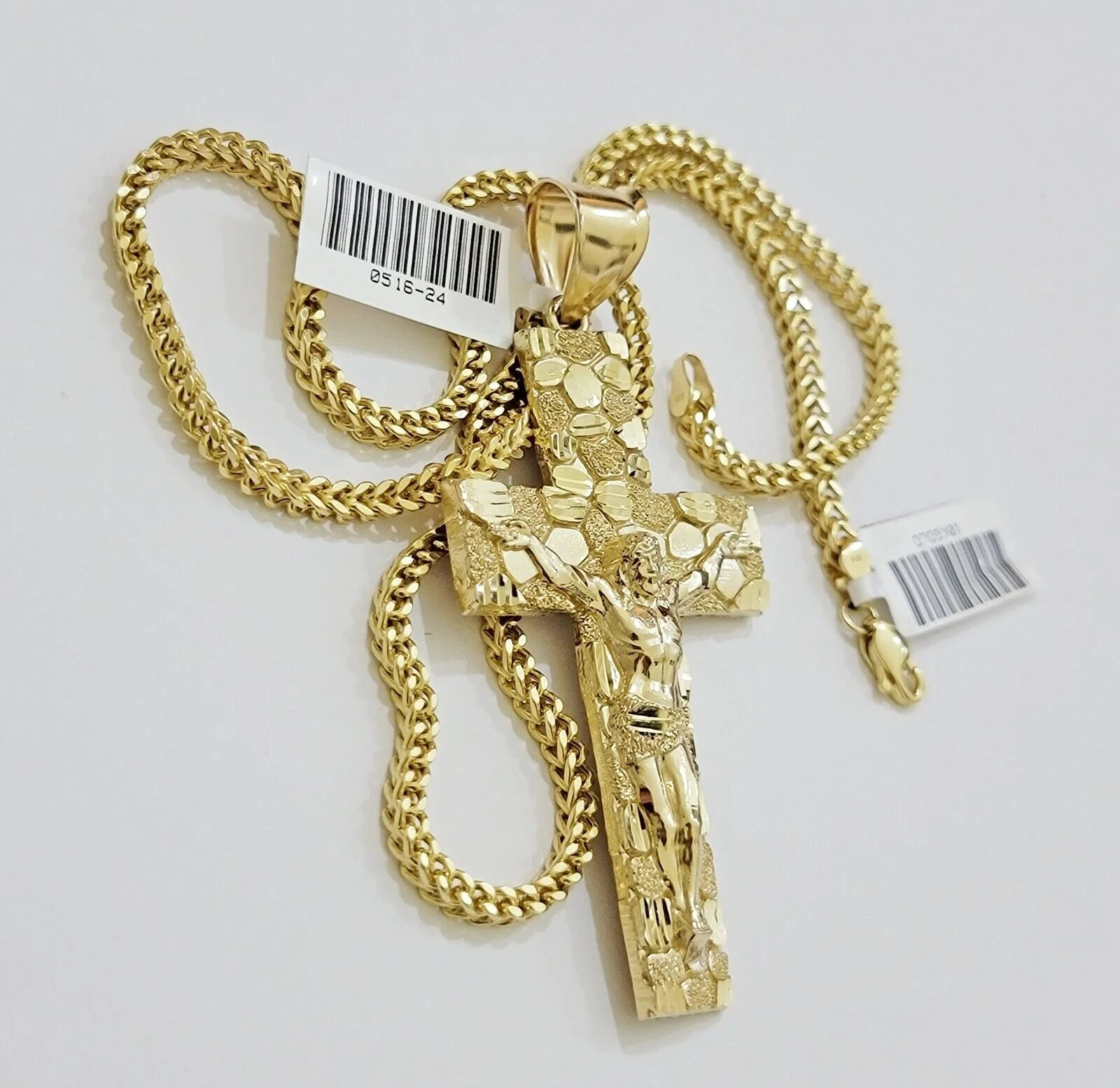 REAL 10k Gold Franco Necklace Nugget Charm Cross Pendant SET 22 Inch 3mm Chain - Image 7
