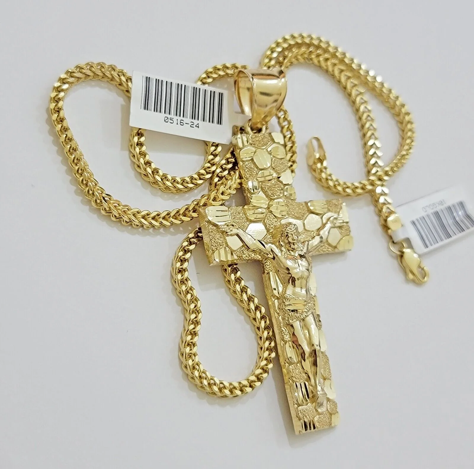 REAL 10k Gold Franco Necklace Nugget Charm Cross Pendant SET 26 Inch 3mm Chain - Image 3