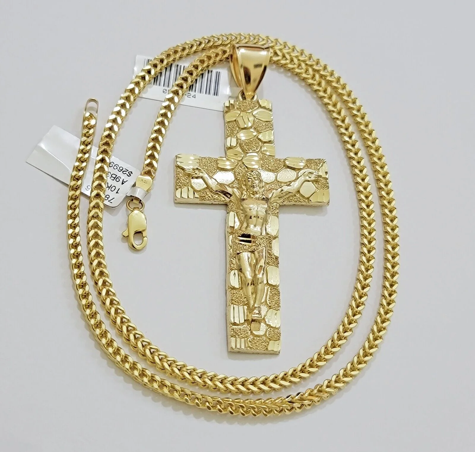REAL 10k Gold Franco Necklace Nugget Cross Pendant SET 20" - 26 Inch 3mm Chain - Image 3
