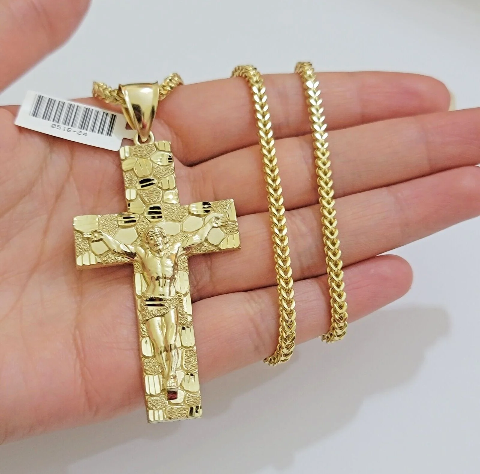 REAL 10k Gold Franco Necklace Nugget Cross Pendant SET 20" - 26 Inch 3mm Chain - Image 4