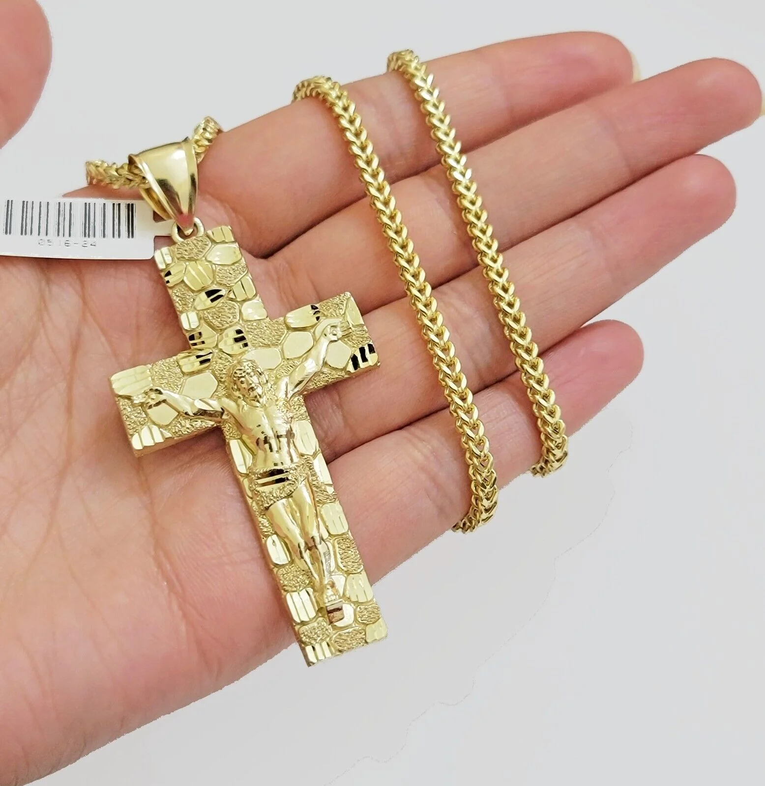 REAL 10k Gold Franco Necklace Nugget Cross Pendant SET 24 Inch 3mm Chain & Charm - Image 8