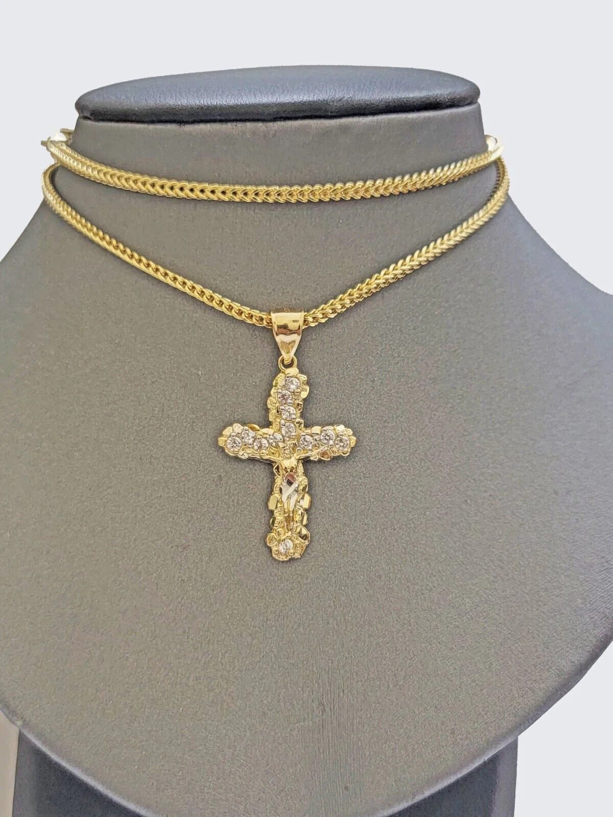 Real 10k Gold Jesus Cross Charm Chain Set Franco Necklace 2.5mm 18-24" Men Women - Image 6
