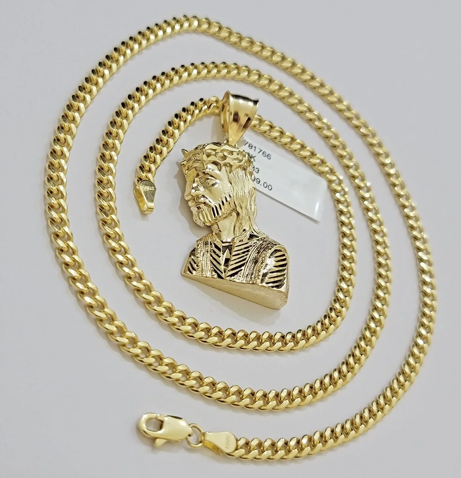 Real 10k Gold Jesus Heard Charm Pendant &Miami Cuban Link Chain 4mm Necklace SET - Image 5