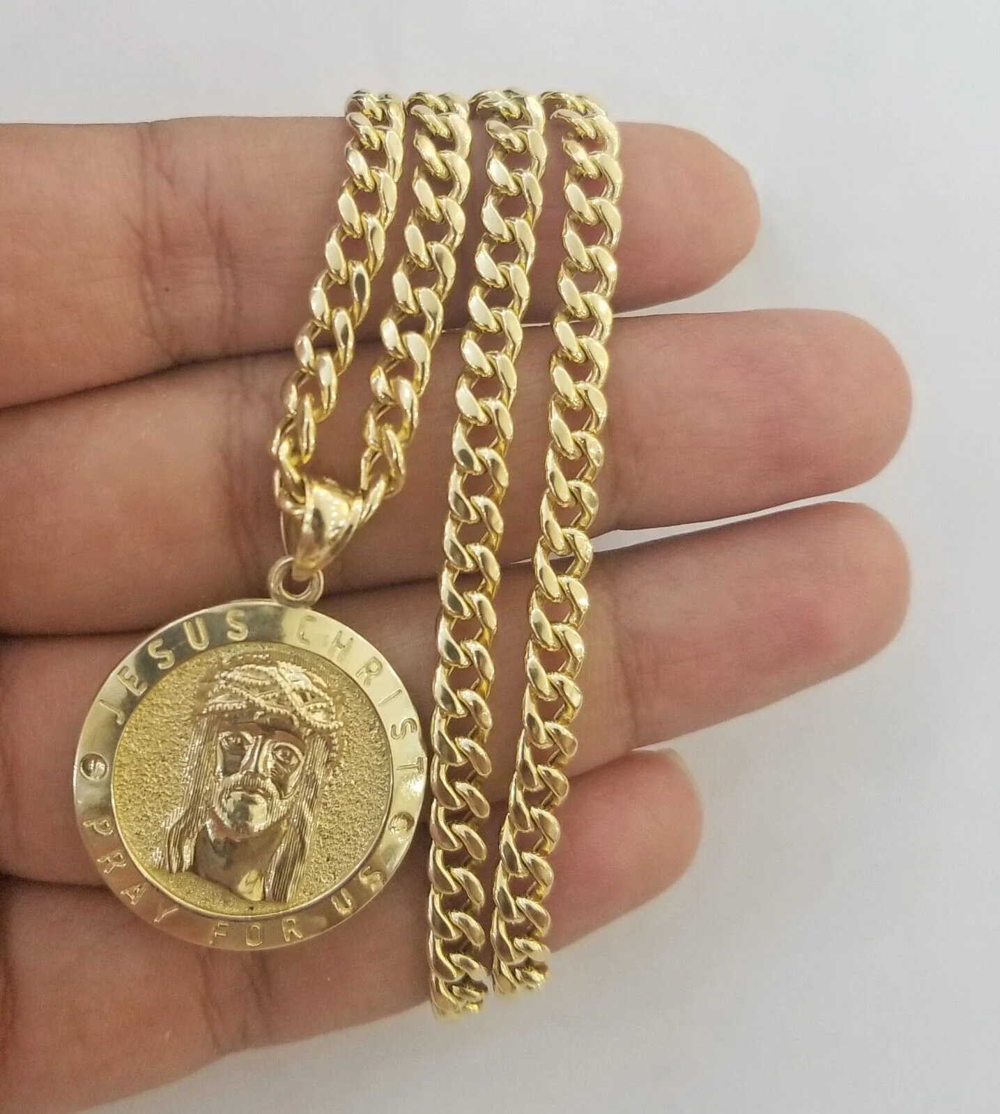 Real 10k Gold Jesus Pendant Miami Cuban link Chain 4mm 20" Set Round - Image 2