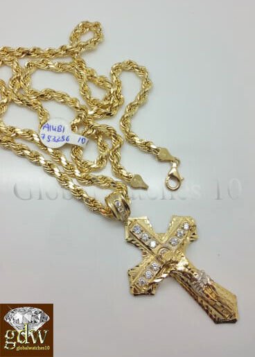 Real 10k Gold Men's Jesus Crucifix Cross Pendent Charm with 28 Inch Rope Chain. - Image 2