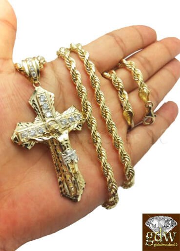 Real 10k Gold Men's Jesus Crucifix Cross Pendent Charm with 28 Inch Rope Chain. - Image 4