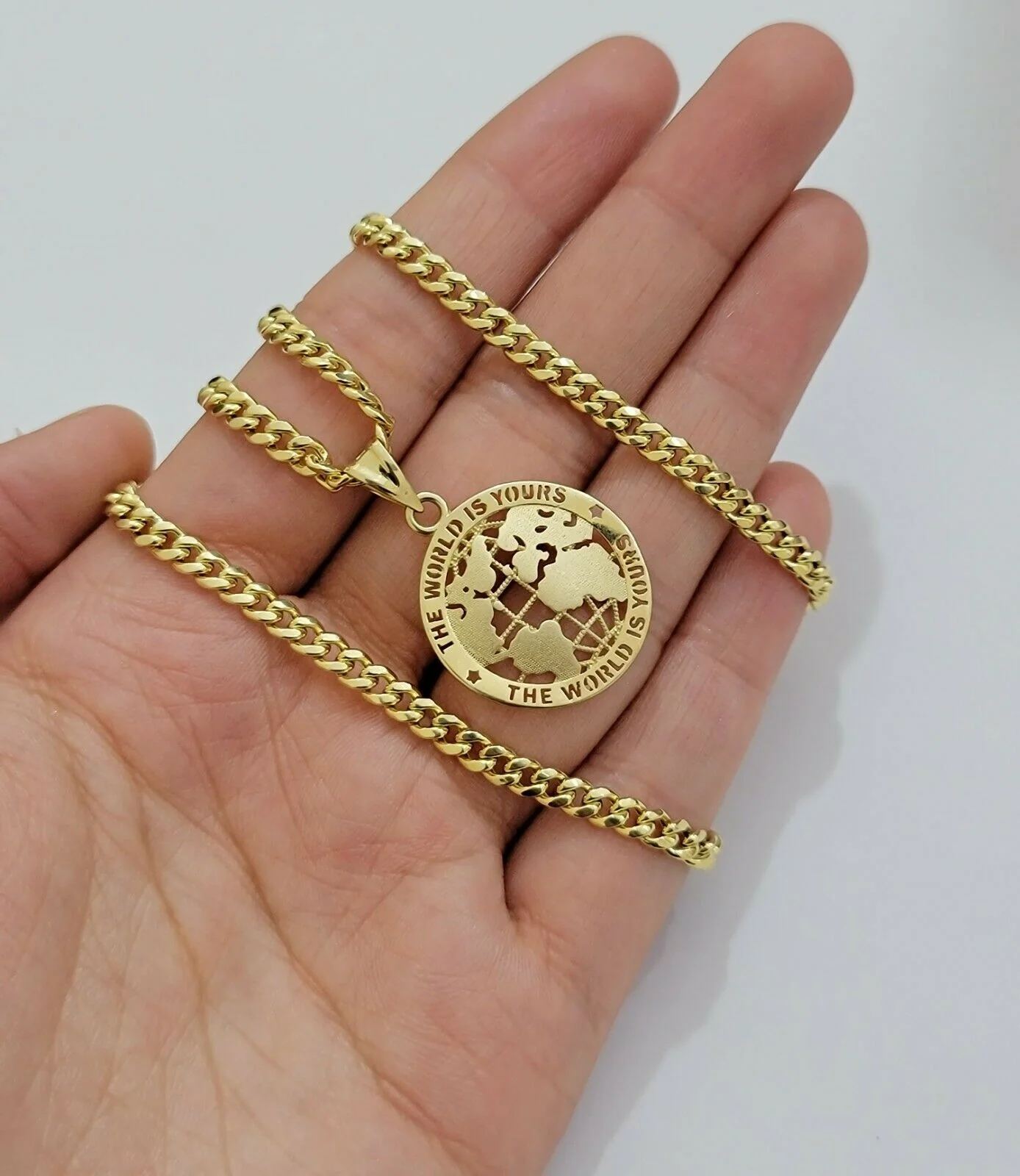 Real 10k Gold Miami Cuban 24" Chain Pendant Set 3.5mm Necklace World Map Charm - Image 4