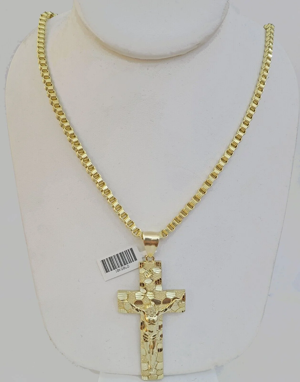 Real 10k Gold Nugget Cross Byzantine Chain Necklace 4mm 22" Chain Charm SET 10kt - Image 6