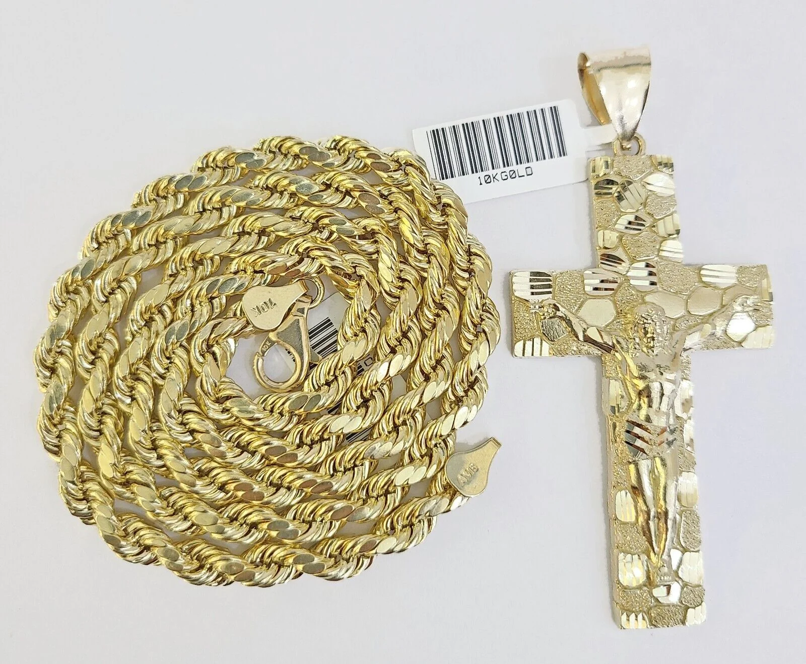 Real 10k Gold Nugget Cross Byzantine Necklace 5mm 22" Chain Charm SET 10kt For Men's
