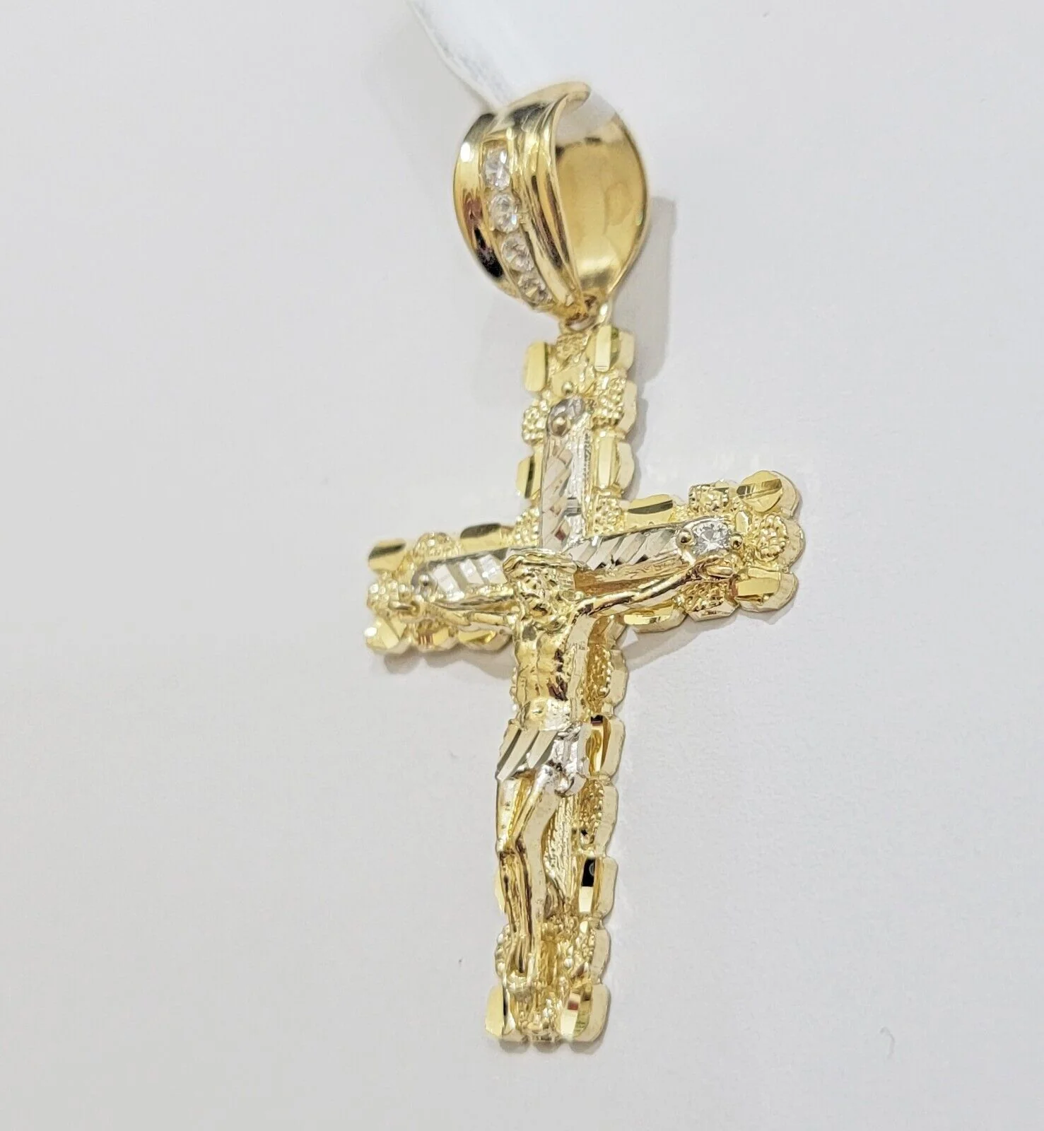 Real 10k Gold Nugget Cross Charm pendant Cuban Link Chain Necklace 5mm 24" Set - Image 6