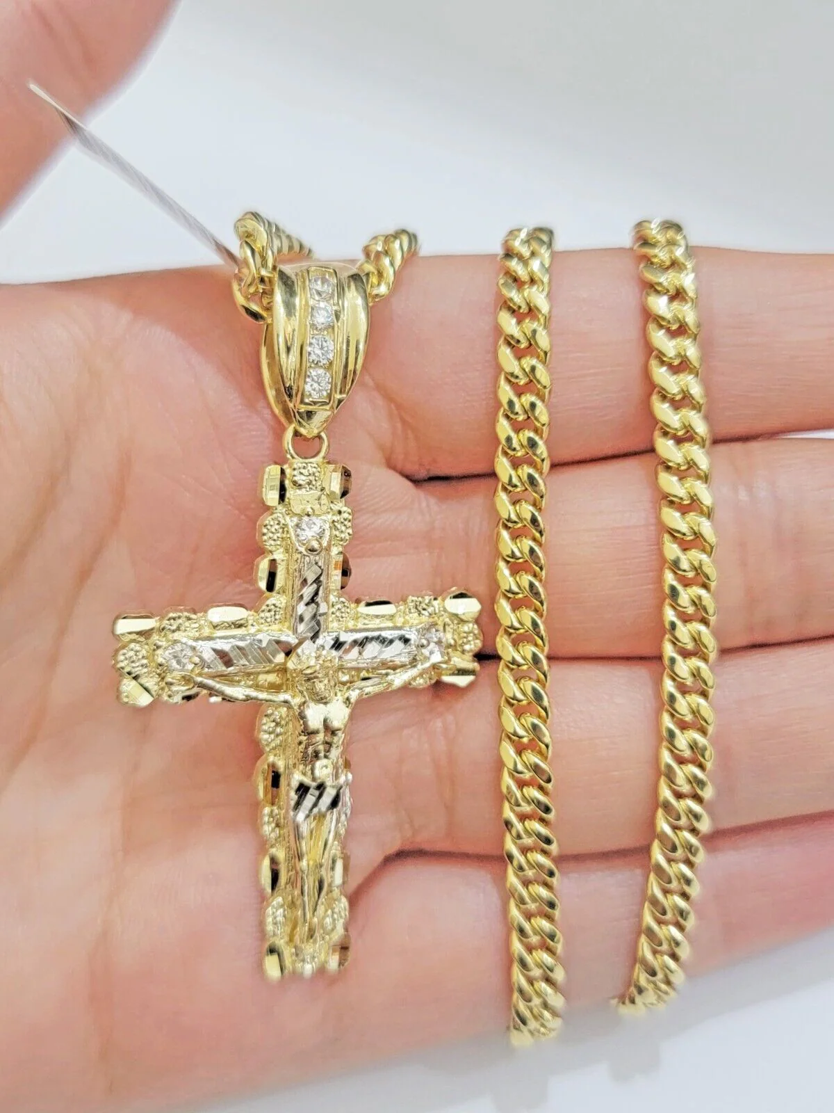 Real 10k Gold Nugget Cross pendant Cuban Link Chain Necklace 5mm 18" Choker Set - Image 3