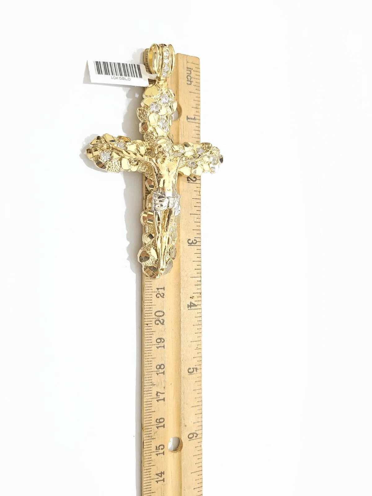 Real 10k Gold Nugget Jesus Cross Charm Pendant 3.5'' Inch 10KT  Yellow Gold - Image 3