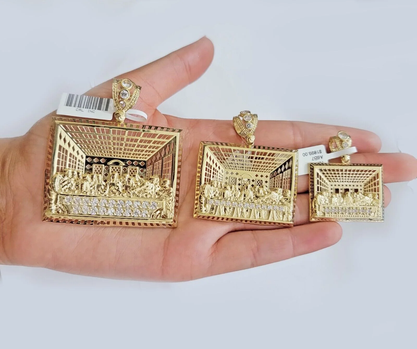 Real 10k Gold Pendant Charm Last Supper Square Jesus 10kt Yellow Gold With Stone - Image 11