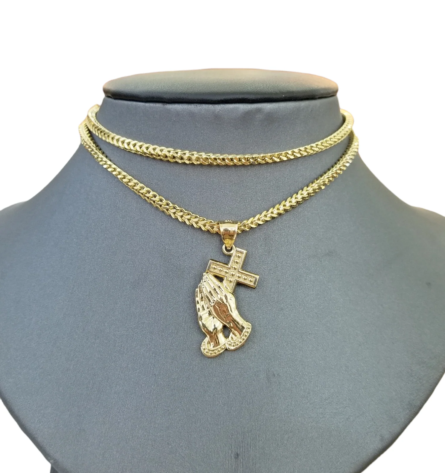 Real 10k Gold Praying Hand Cross Pendent Charm 3mm Franco Chain 18"-28" Inch