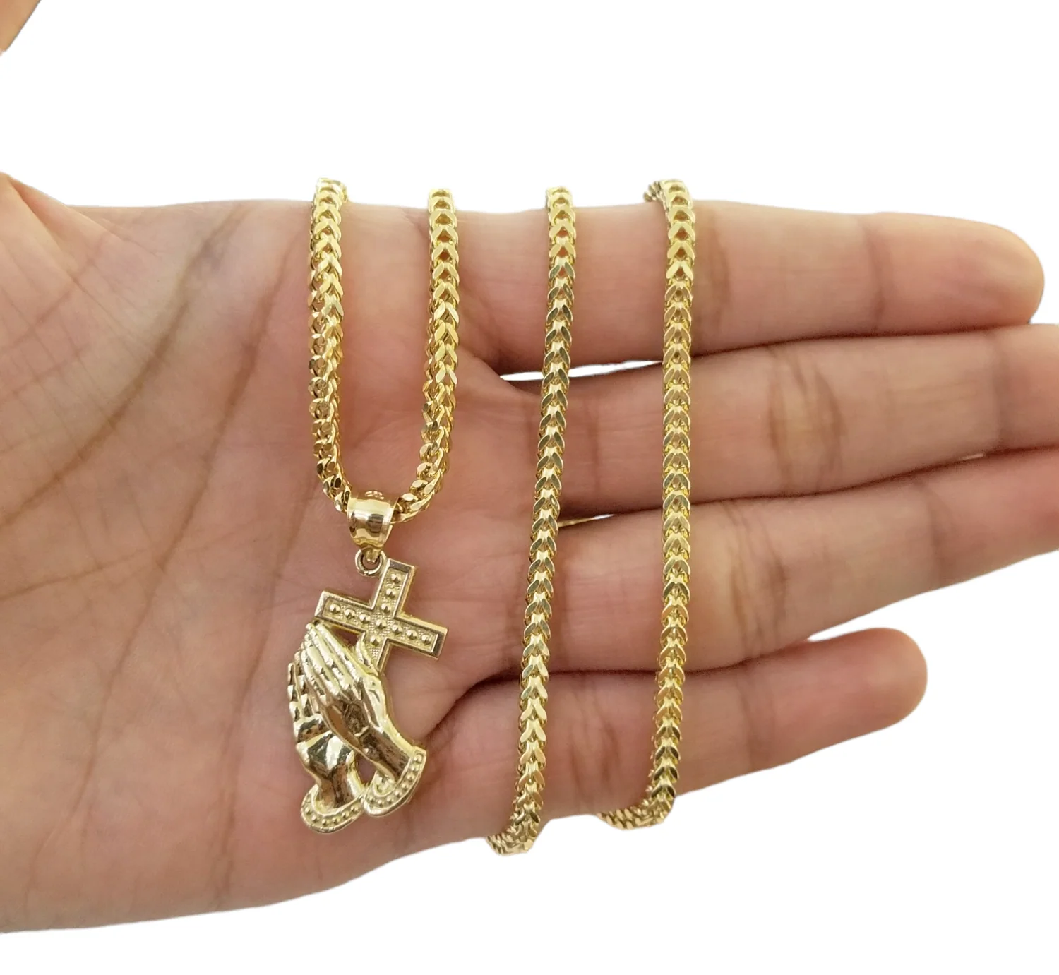 Real 10k Gold Praying Hand Cross Pendent Charm 3mm Franco Chain 18"-28" Inch - Image 4