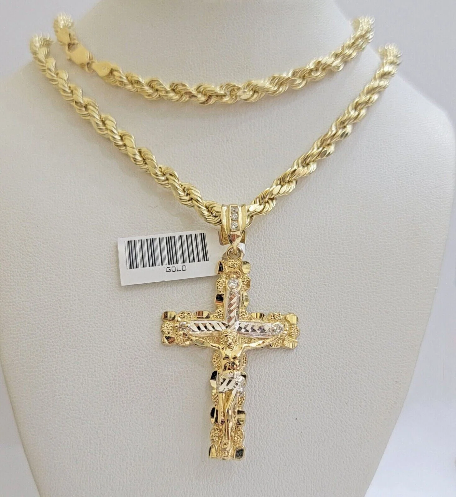 Real 10k Gold Rope Chain 20 inch Jesus Cross Charm Pendant Set 5mm Necklace Mens - Image 5