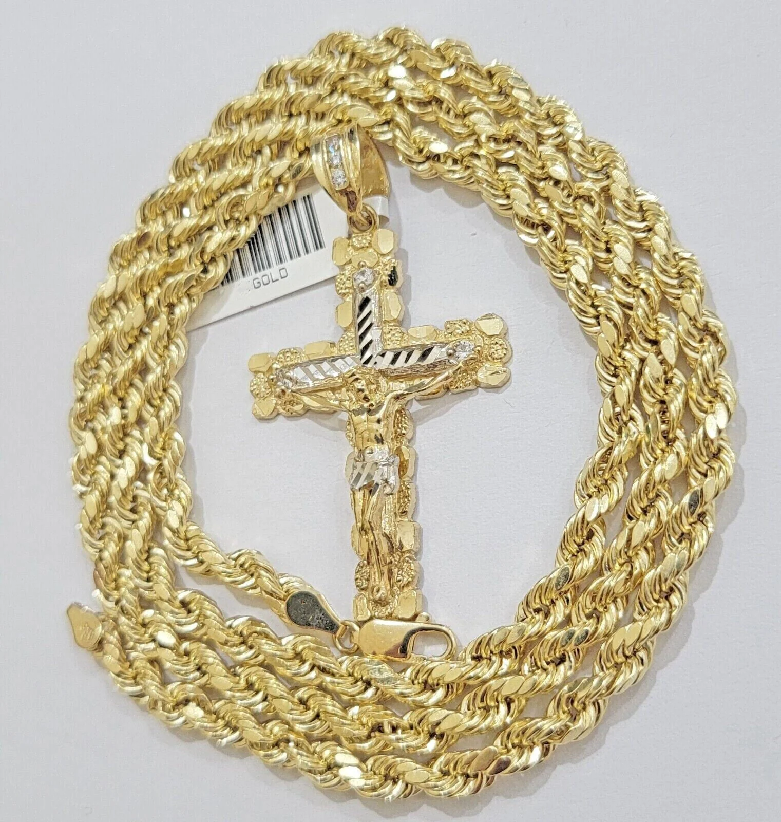 Real 10k Gold Rope Chain 22 inch Jesus Cross Charm Pendant Set 5mm Necklace Mens - Image 4