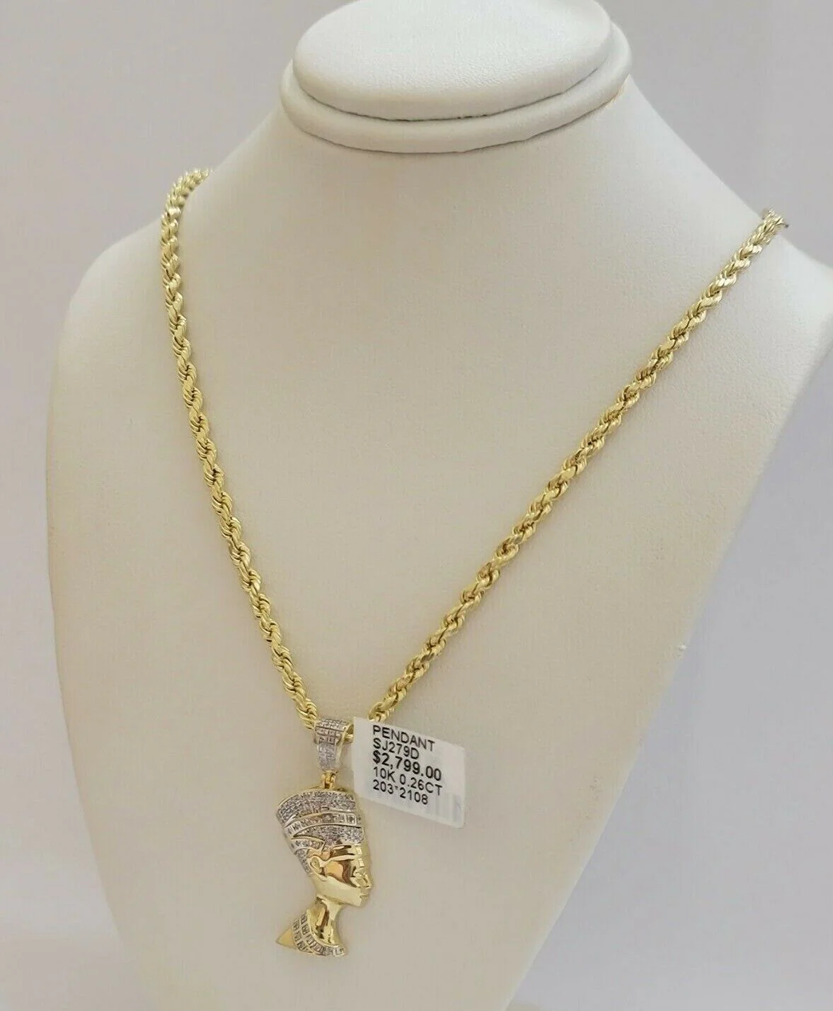 REAL 10k Gold Rope Chain Diamond Pendant Pharaoh Head SET 3mm Necklace 18" - 28" - Image 5