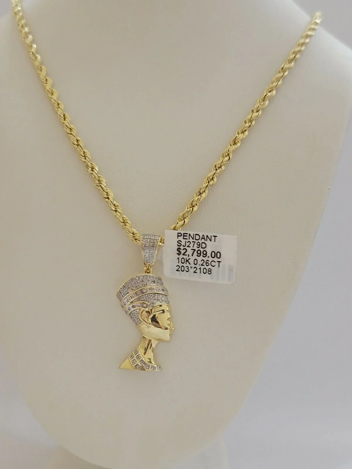 REAL 10k Gold Rope Chain Diamond Pendant Pharaoh Head SET 3mm Necklace 18" - 28" - Image 8
