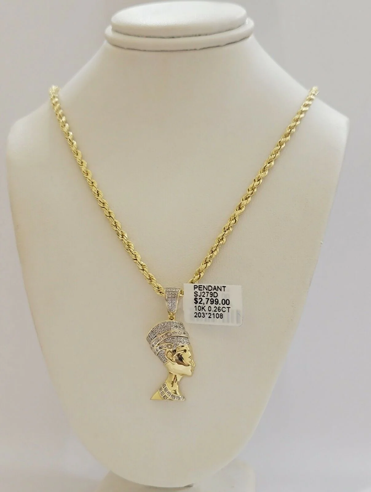 REAL 10k Gold Rope Chain Diamond Pendant Pharaoh Head SET 3mm Necklace 18" - 28" - Image 6