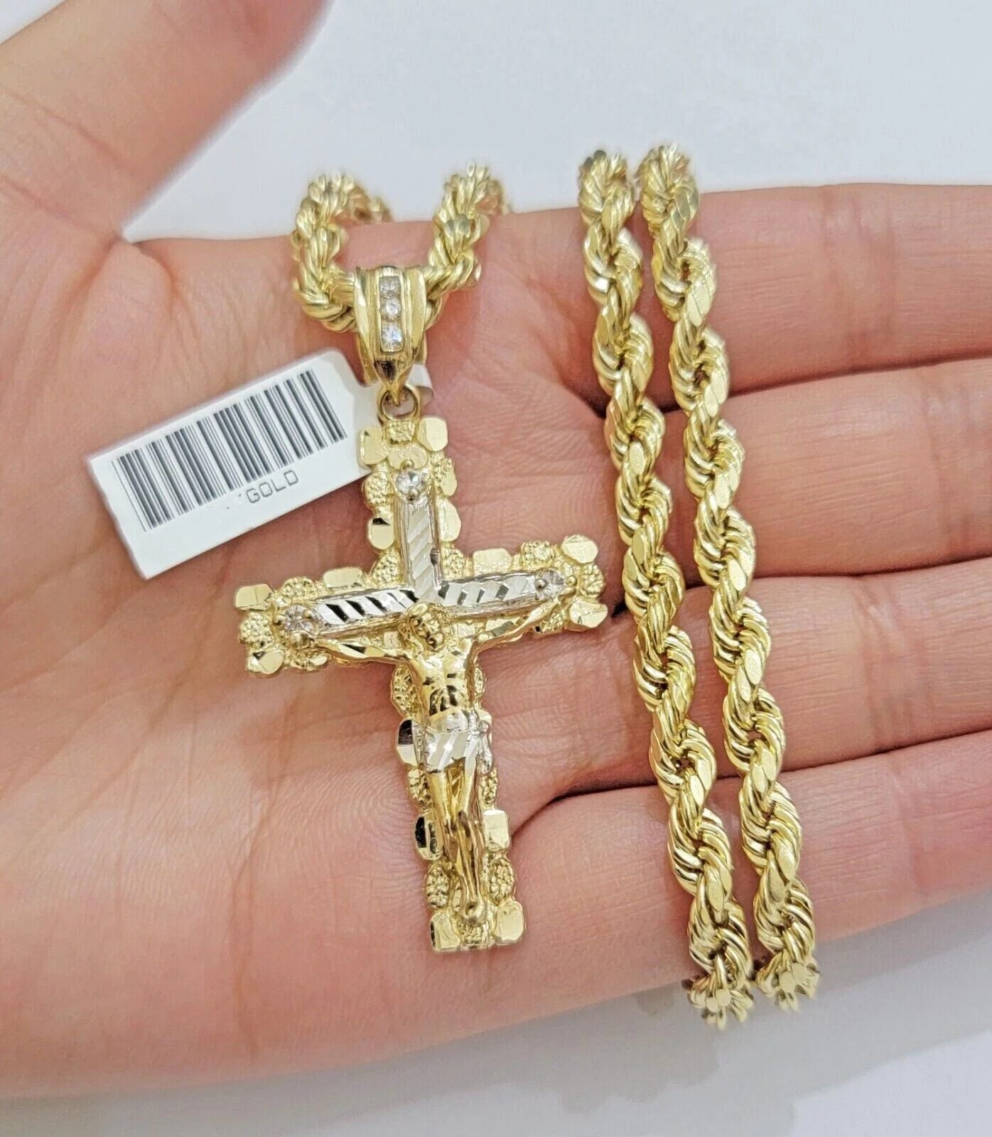 Real 10k Gold Rope Chain Jesus Cross Charm Pendant Set 20-28" inch 6mm Necklace