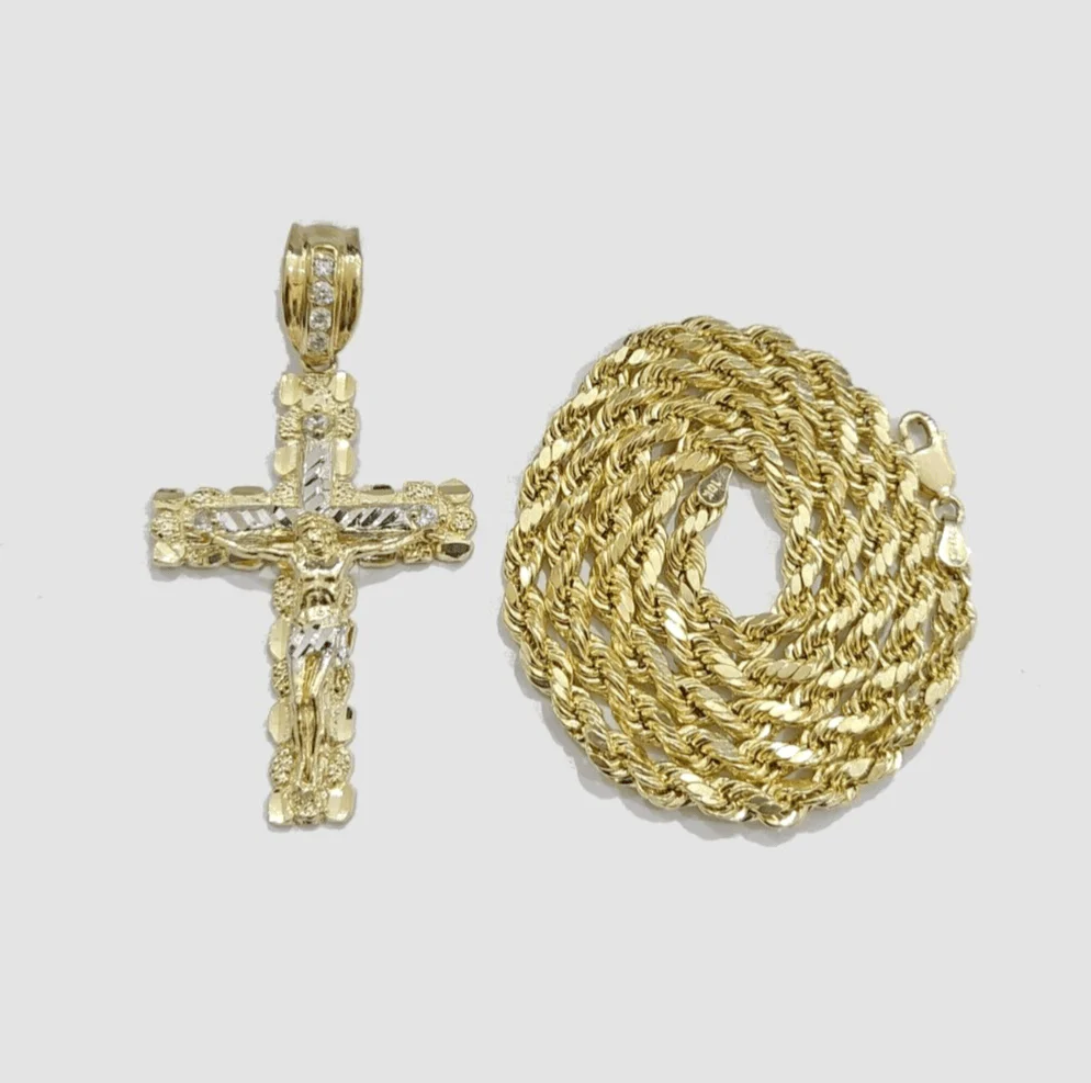 Real 10k Gold Rope Chain Jesus Cross Charm SET 4mm 20'' Necklace & Pendant Men's - Image 10