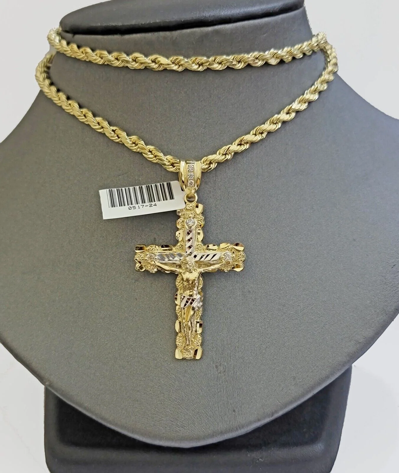 Real 10k Gold Rope Chain Jesus Cross Charm SET 4mm 20'' Necklace & Pendant Men's - Image 12