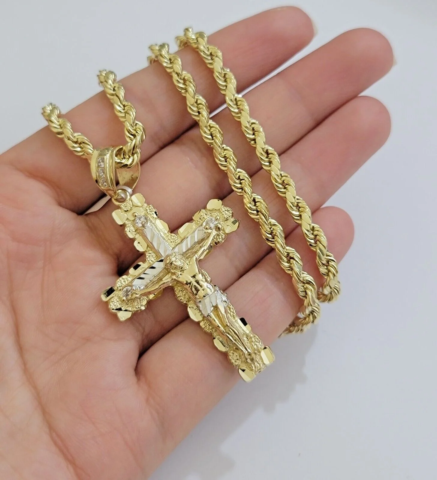 Real 10k Gold Rope Chain Jesus Cross Charm SET 4mm 20'' Necklace & Pendant Men's - Image 13