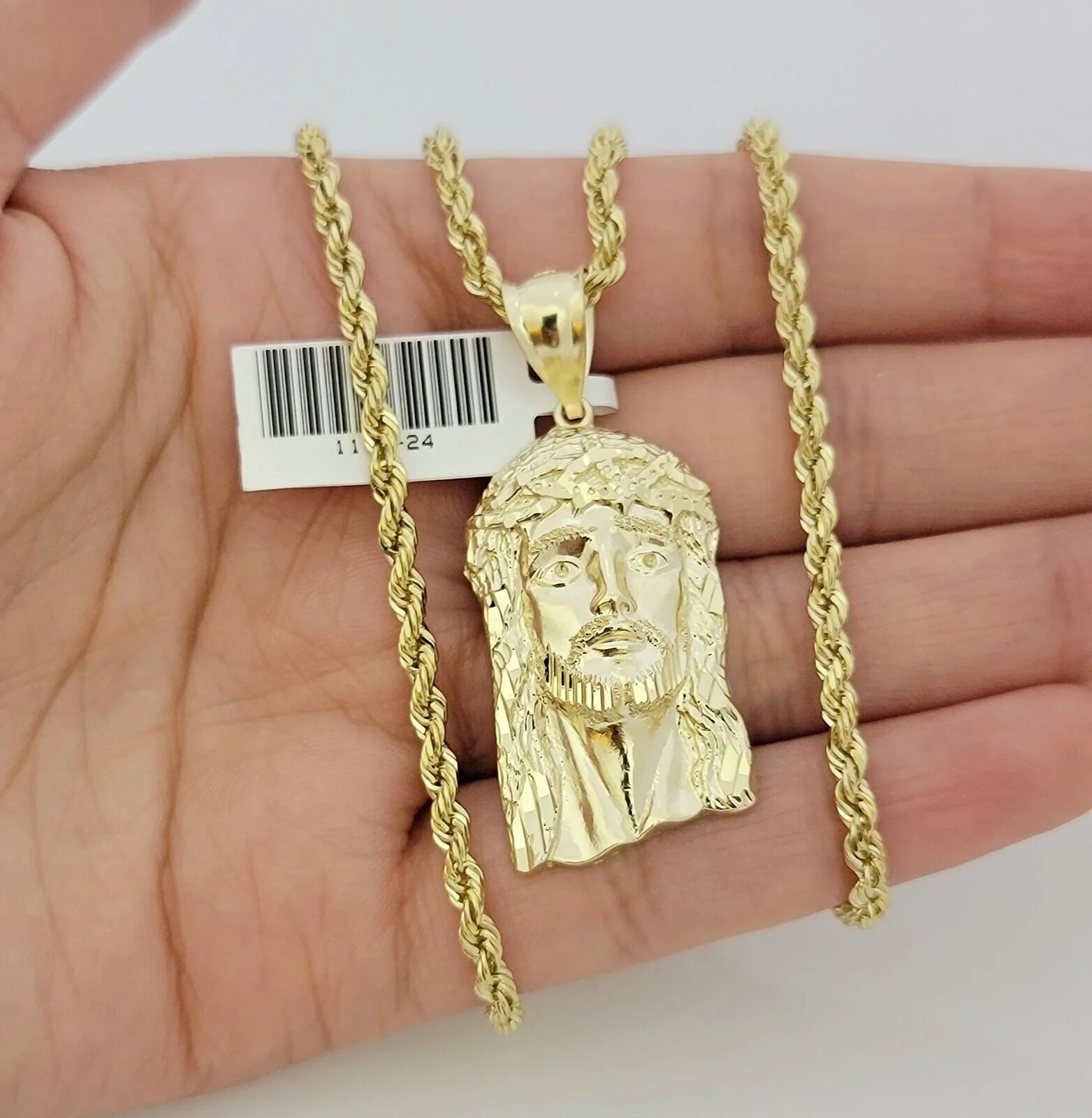 Real 10k Gold Rope Chain Jesus Face Charm Pendant Set 3mm Necklace 18"-26" SOLID - Image 5