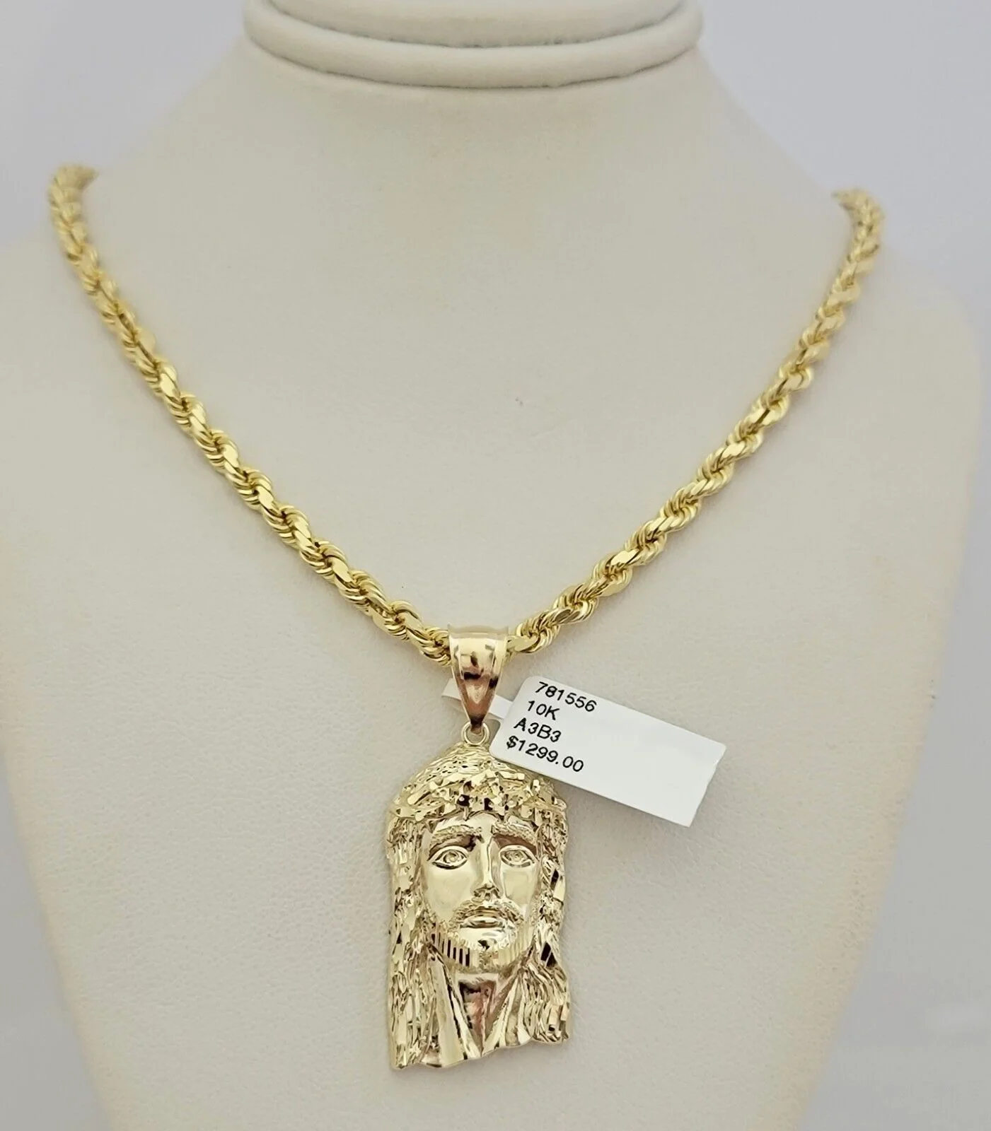 Real 10k Gold Rope Chain Pendant SET Jesus Face Charm Solid Necklace 4mm 26 Inch
