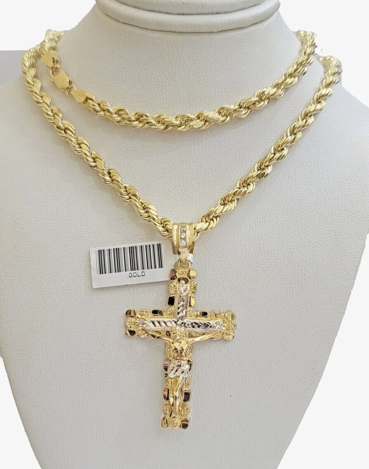 Real 10k Gold Rope Chain With Cross Charm Pendant Set 26 inch 4mm Necklace Men's - Image 3