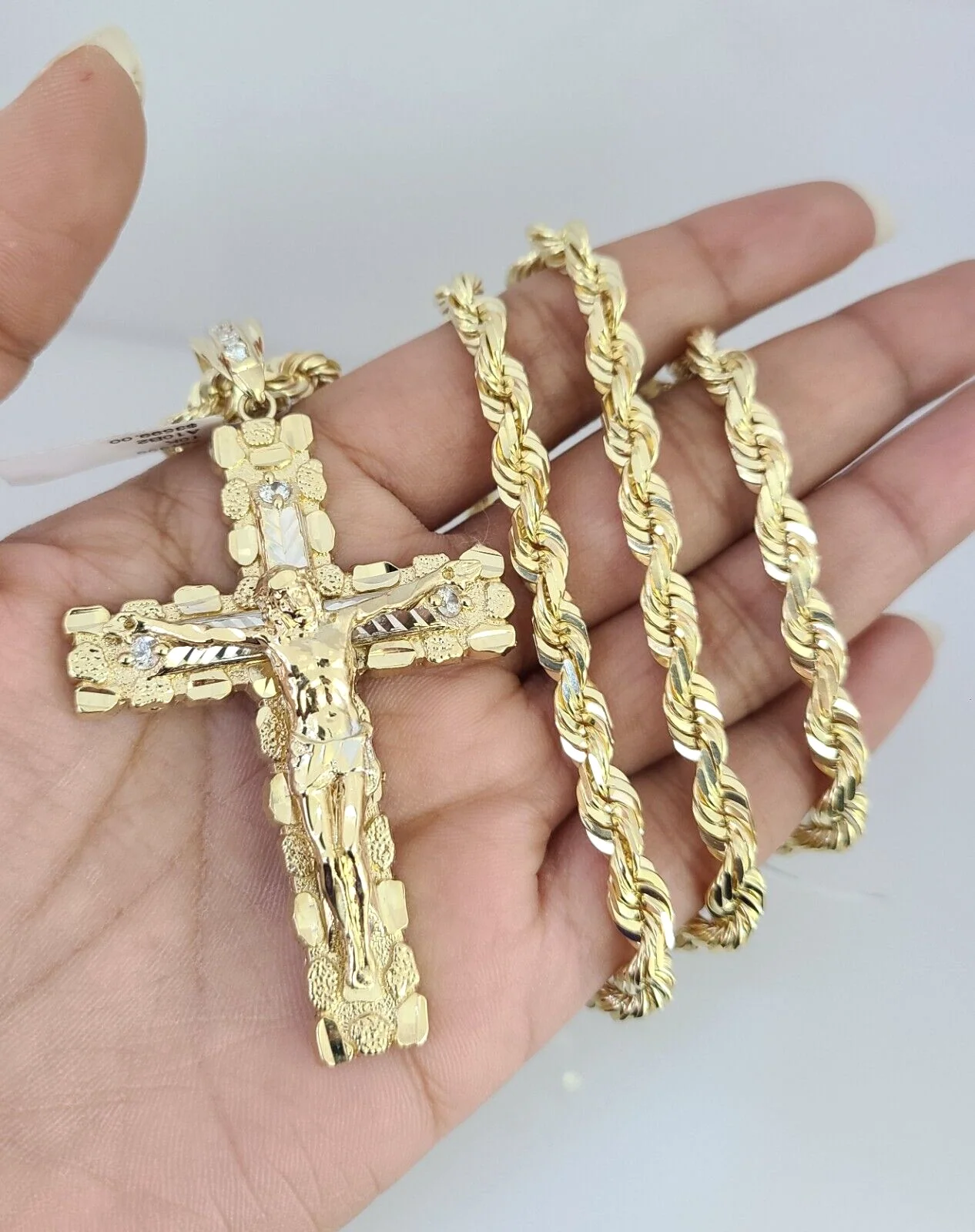 REAL 10k Gold Solid Rope Necklace 6mm Nugget Cross Pendant SET Chain 20"-30'' - Image 12