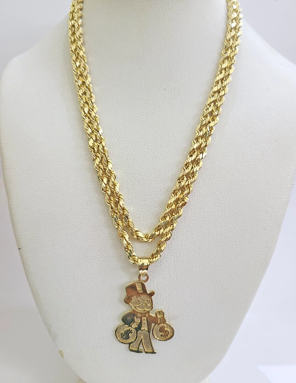 REAL 10k Grandpa Money Bag Charm Rope Chain Pendant 3mm Necklace Set 18"-28" in