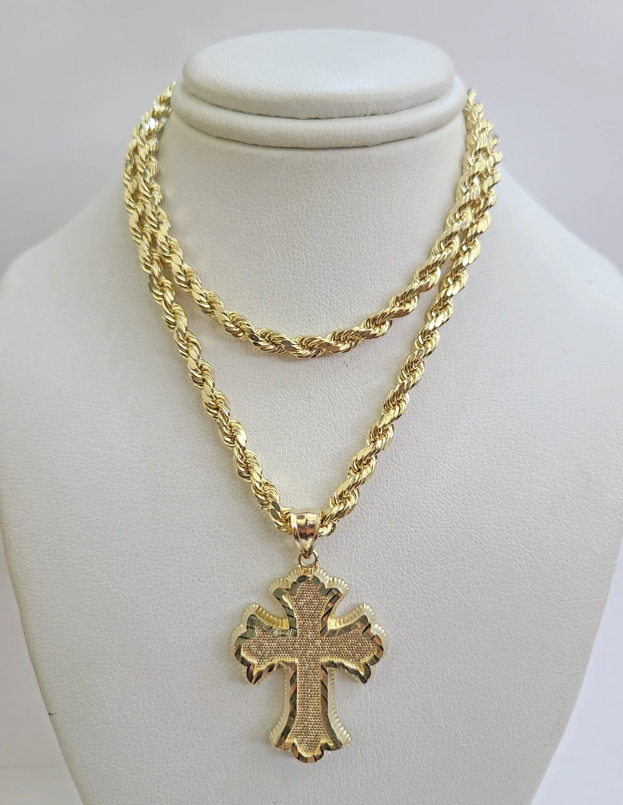 REAL 10k Jesus Cross Charm Rope Chain Pendant 4mm Necklace Set 18"-28" in - Image 3