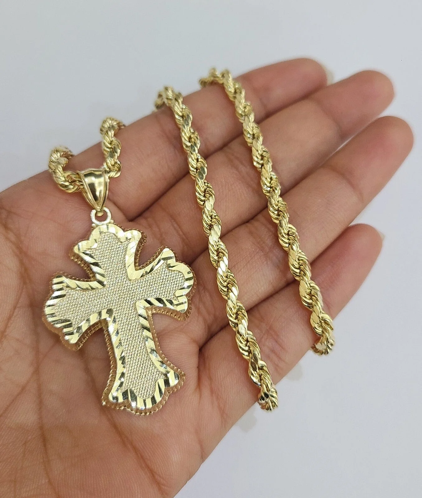 REAL 10k Jesus Roman Cross Charm Rope Chain Pendant 4mm Necklace Set 18"-28" in - Image 4