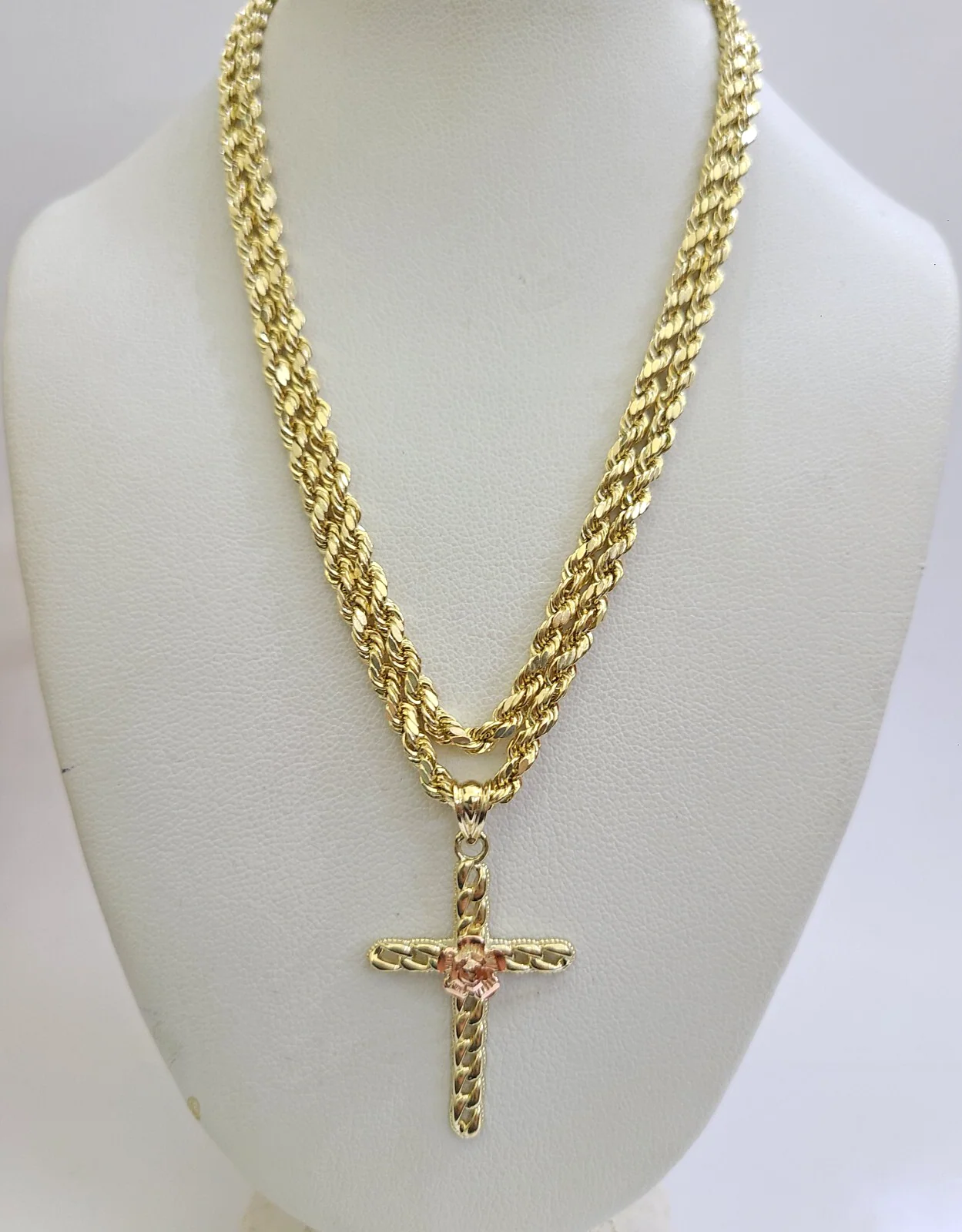 REAL 10k Jesus Rose Cross Charm Rope Chain Pendant 3mm Necklace Set 18"-28" in