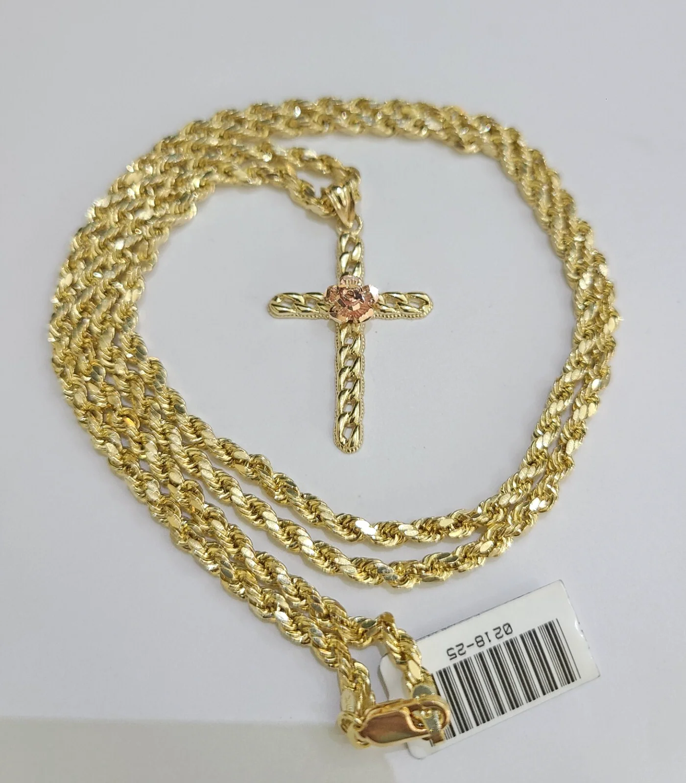 REAL 10k Jesus Rose Cross Charm Rope Chain Pendant 3mm Necklace Set 18"-28" in - Image 5