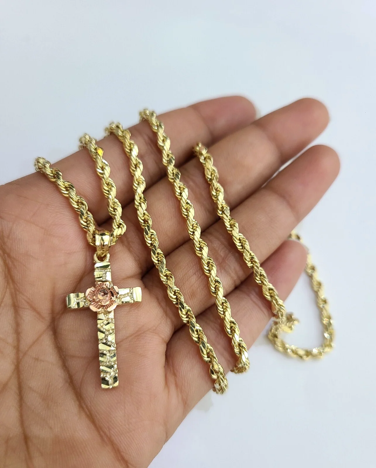 REAL 10k Jesus Rose Cross Charm Rope Chain Pendant 3mm Necklace Set 18"-28" in - Image 3
