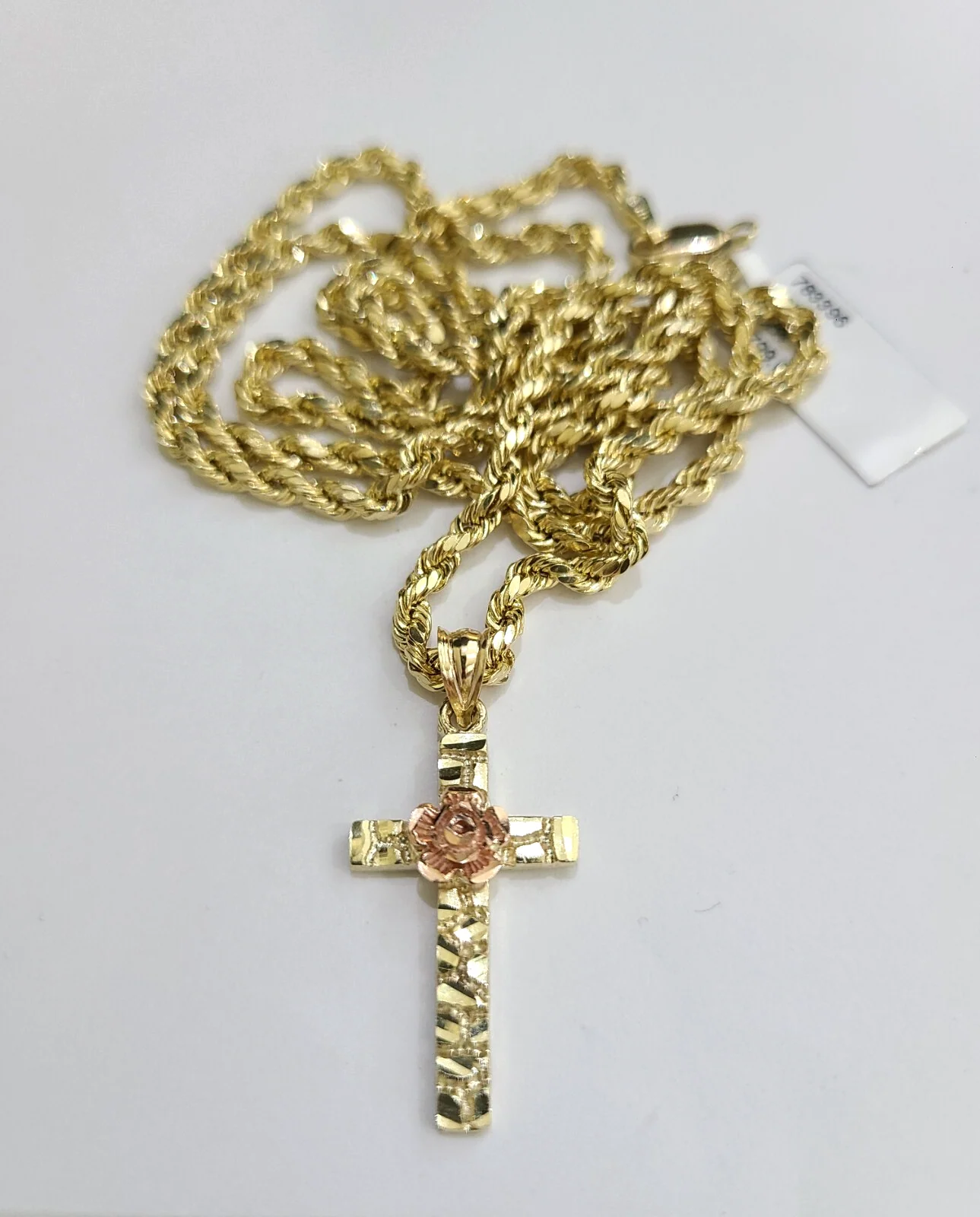 REAL 10k Jesus Rose Cross Charm Rope Chain Pendant 3mm Necklace Set 18"-28" in - Image 4