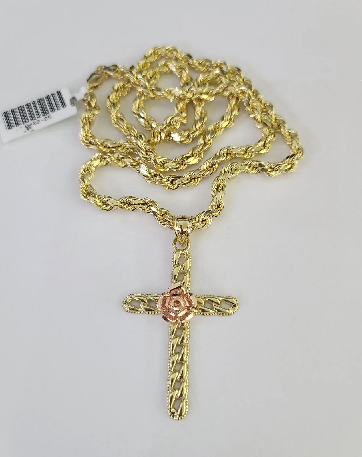 REAL 10k Jesus Rose Cross Charm Rope Chain Pendant 4mm Necklace Set 18"-28" - Image 2