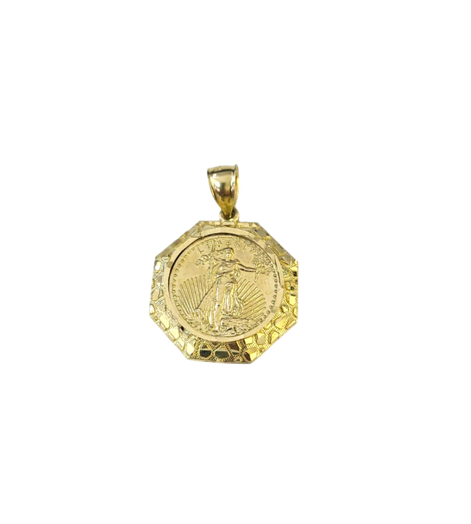 Real 10K  Nugget Saint Liberty Medallion Pendant Charm Yellow Gold Genuine 10kt