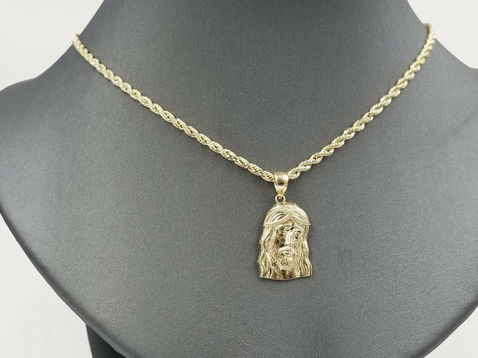 REAL 10k Rope Chain And Jesus head face Charm Pendant 3mm Necklace Set 16"-28" - Image 3