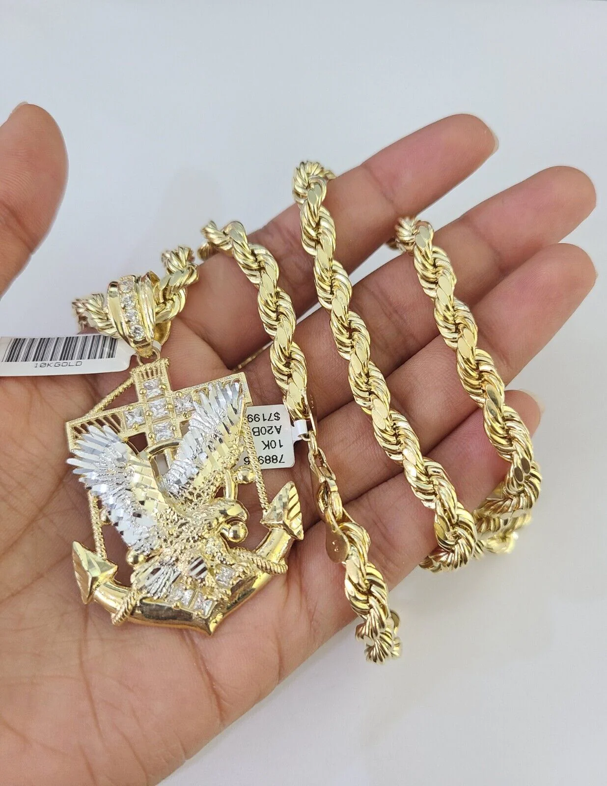 Real 10k Rope Chain Eagle Anchor Charm Set 7mm 20"-28" Inch Necklace Yellow Gold - Image 6