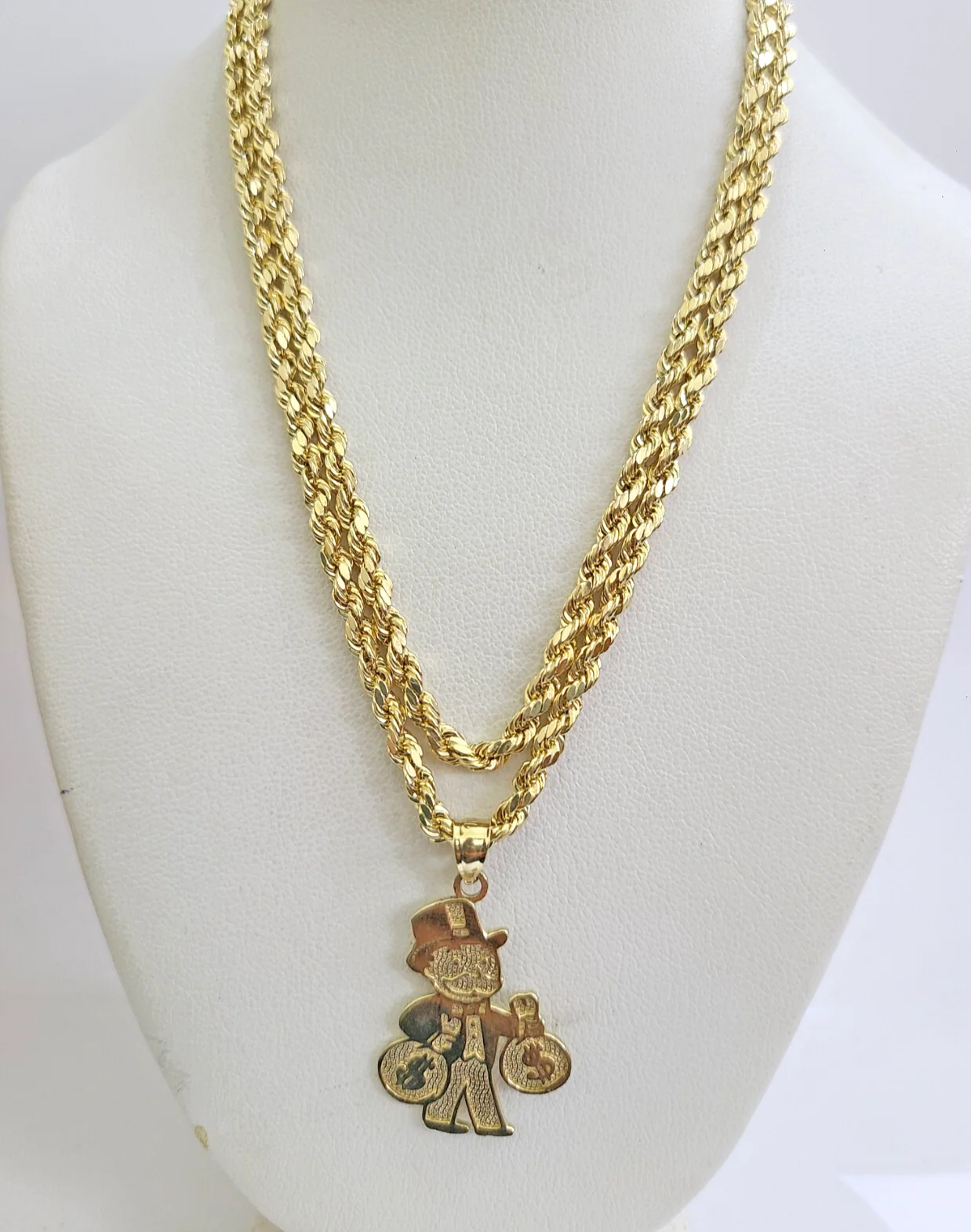 REAL 10k Rope Chain Grandpa Money Bag Charm Pendant 3mm Necklace Set 18"-28" in - Image 2