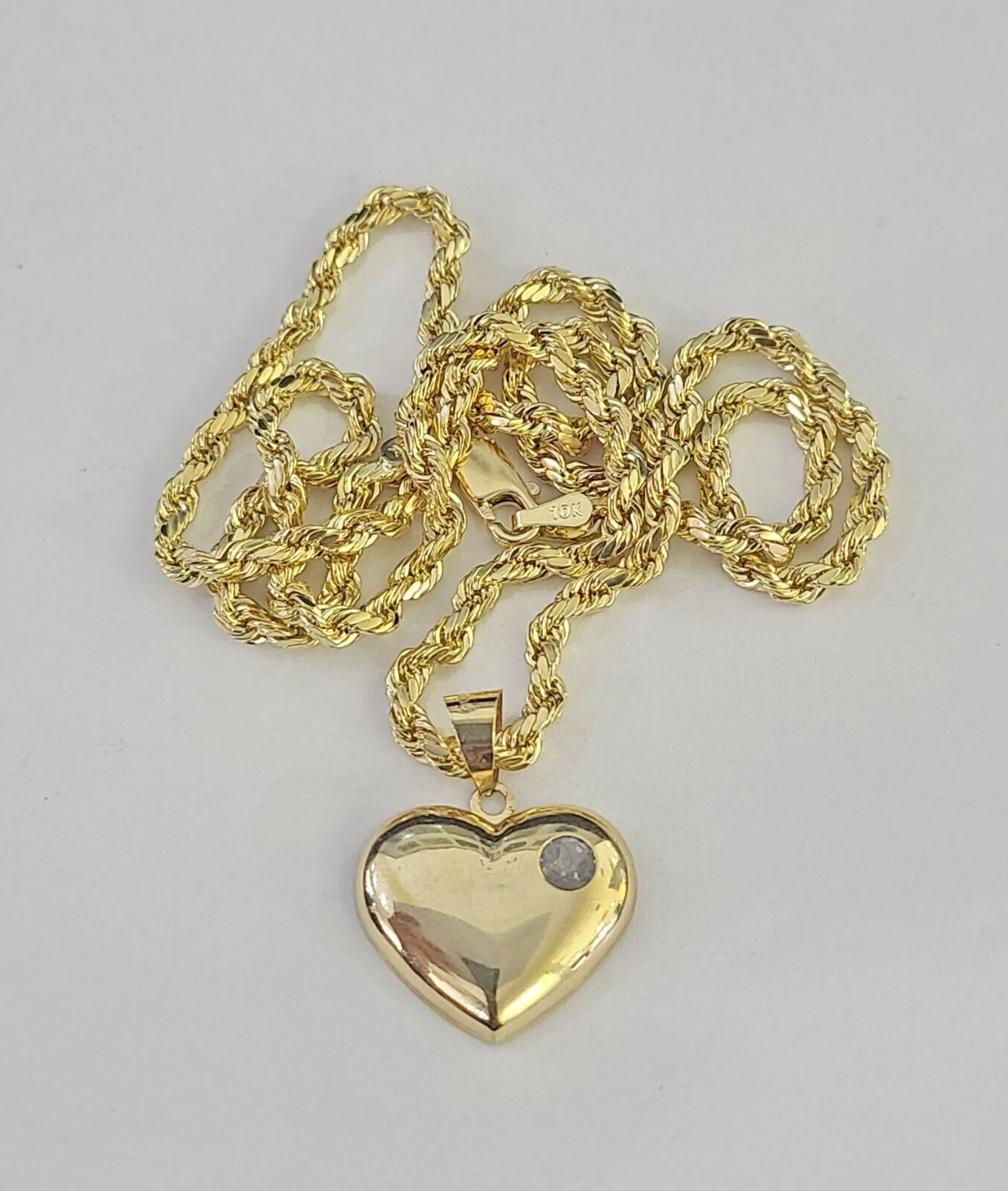 Real 10k Rope Chain Heart Charm Pendant SET Necklace 3mm 18"-24" Ladies - Image 4