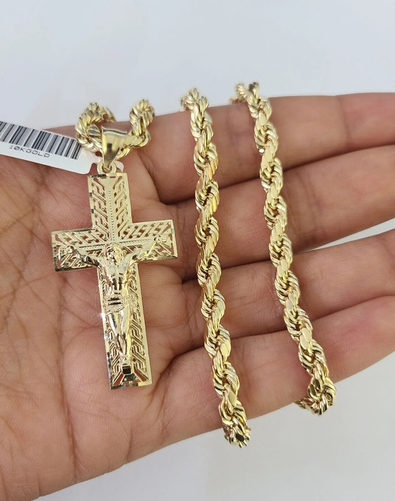 Real 10k Rope Chain Jesus Cross Charm Necklace Pendant Set 5mm 20"-30" Inch Gold - Image 2